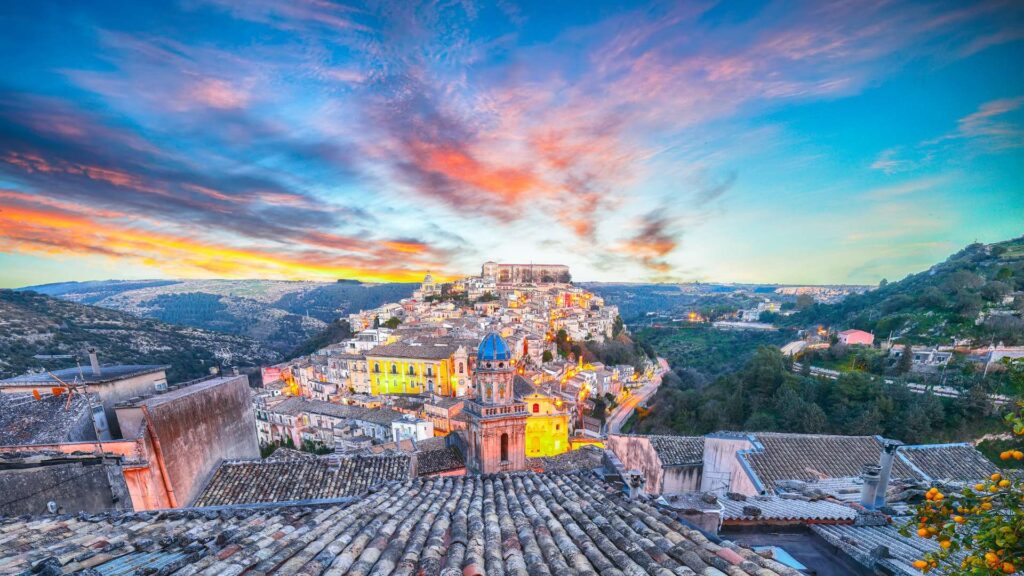 Panoramic view of Ragusa, Sicily, Italy, showcasing its historic architecture, charming streets, and picturesque landscapes.