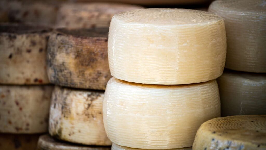 Close-up of Sardinian Pecorino cheese, a traditional sheep's milk cheese with a crumbly texture and distinct savory flavor.