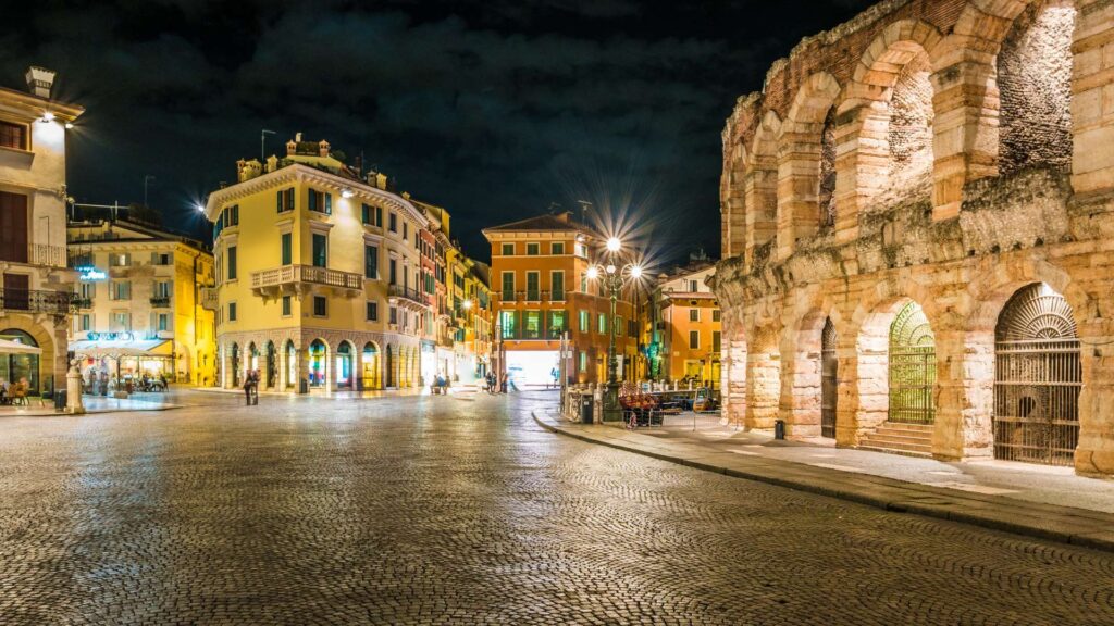 A majestic view of the ancient amphitheater, Arena di Verona, in Verona, Italy, showcasing its grand architecture and historical significance.