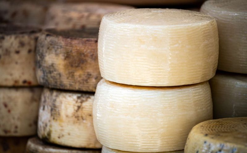 Close-up of Sardinian Pecorino cheese, a traditional sheep's milk cheese with a crumbly texture and distinct savory flavor.